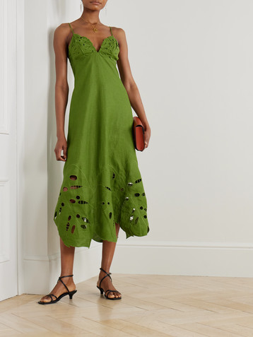 FARM Rio Appliquéd broderie anglaise linen midi dress