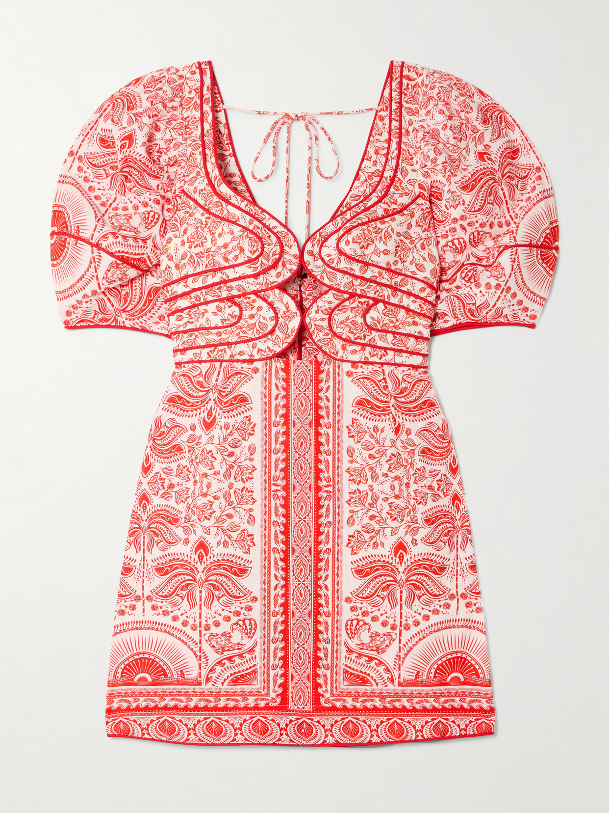 Farm Rio River Ride Cutout Floral-print Linen-blend Mini Dress In Red