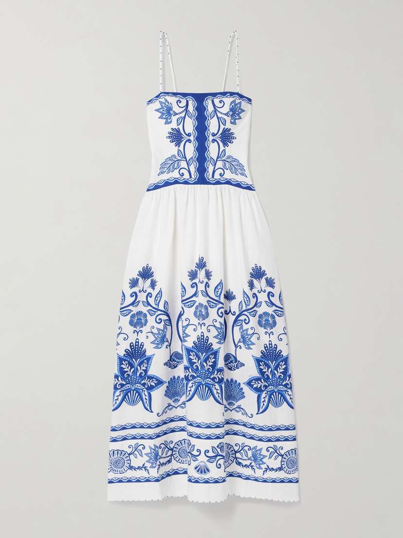 Farm Rio Bead-embellished Printed Linen-blend Midi Dress