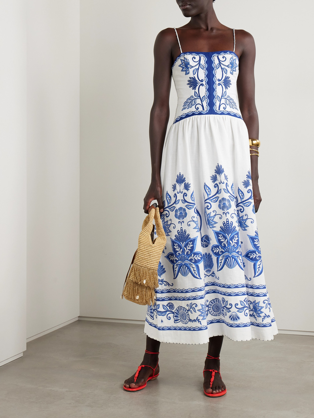 Farm Rio Bead-embellished Printed Linen-blend Midi Dress