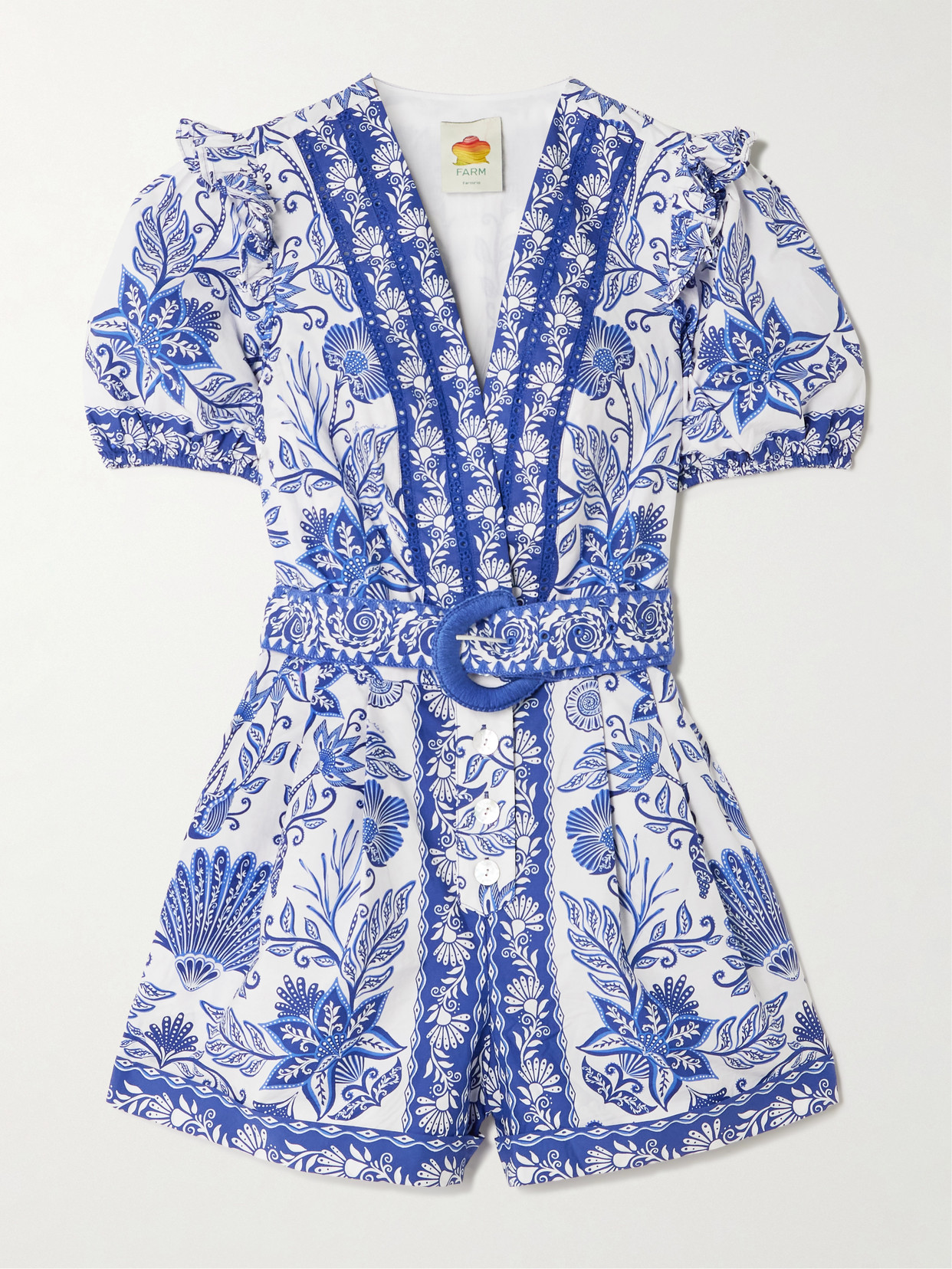 Farm Rio Shell Garden V-neckline Romper In Off-white In Blue