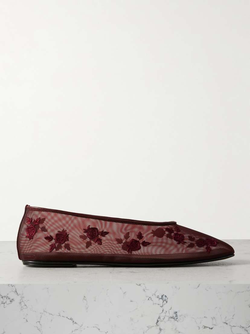Magda Butrym Leather-trimmed Embroidered Mesh Ballet Flats