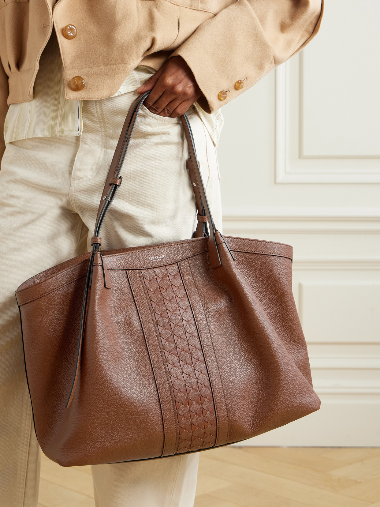 Serapian Secret Textured-leather Tote In Brown