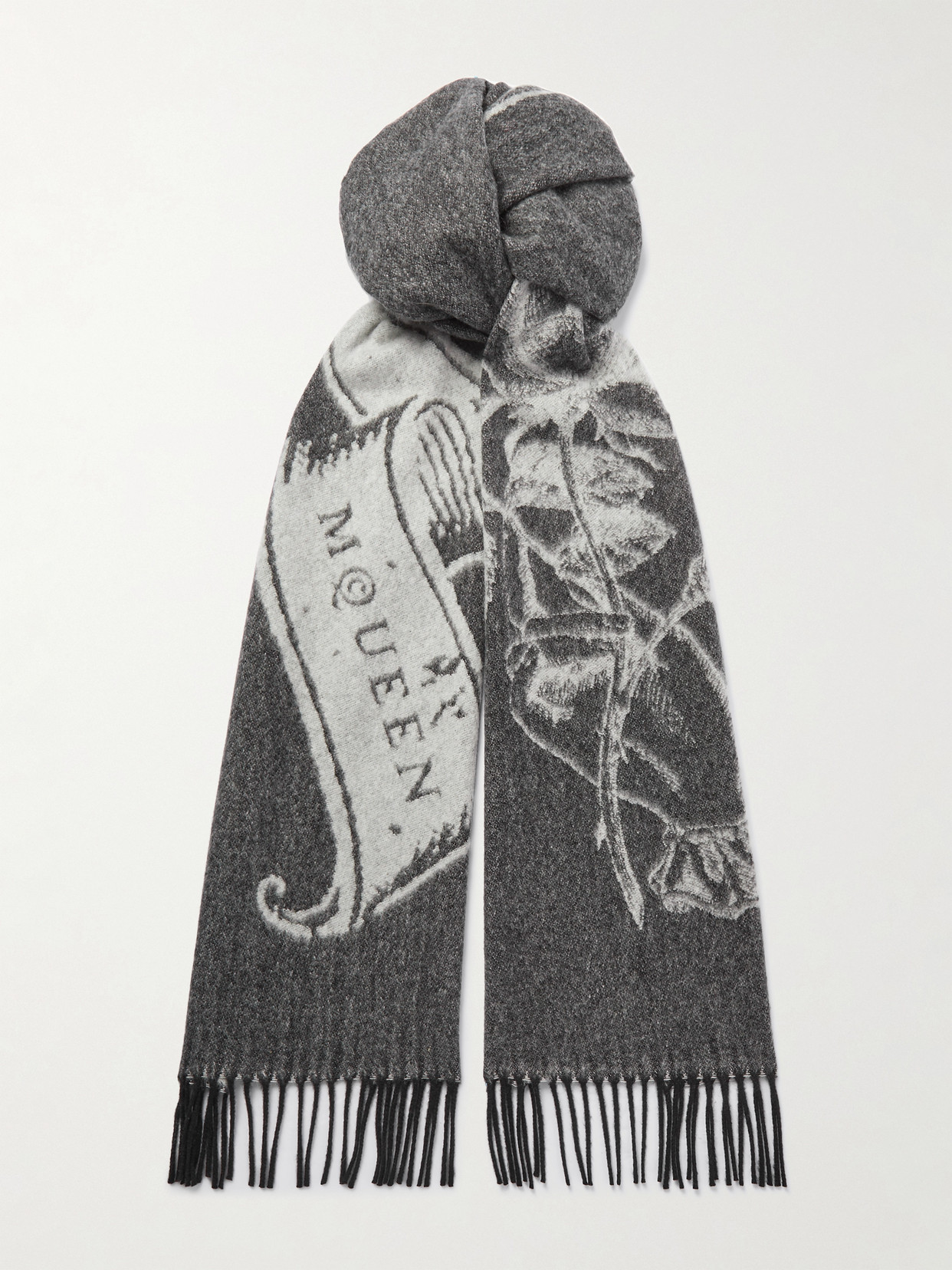 MCQUEEN - Fringed Cashmere And Wool-blend Jacquard Scarf - Black