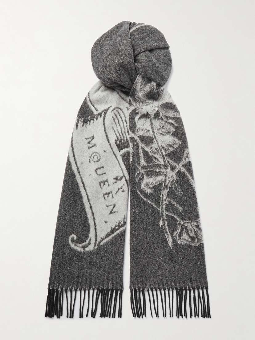 McQueen Fringed Cashmere And Wool-blend Jacquard Scarf