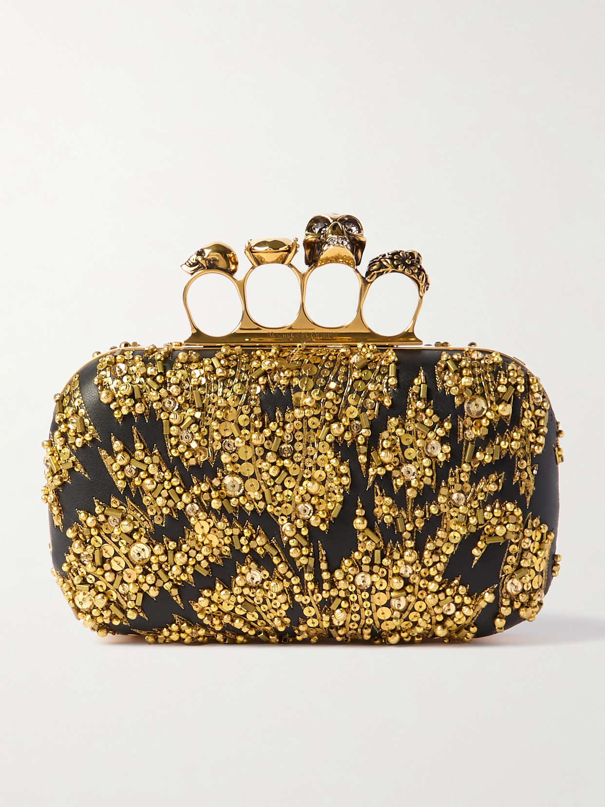 Alexander Mcqueen Skull Four Ring Embellished Leather Clutch