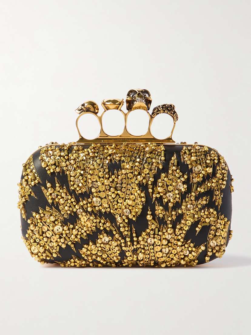 McQueen Skull Four Ring Embellished Leather Clutch