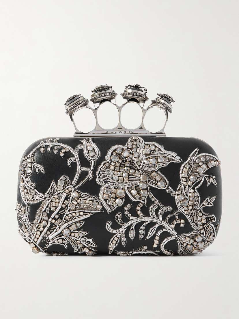 McQueen Crystal-embellished Embroidered Leather Clutch