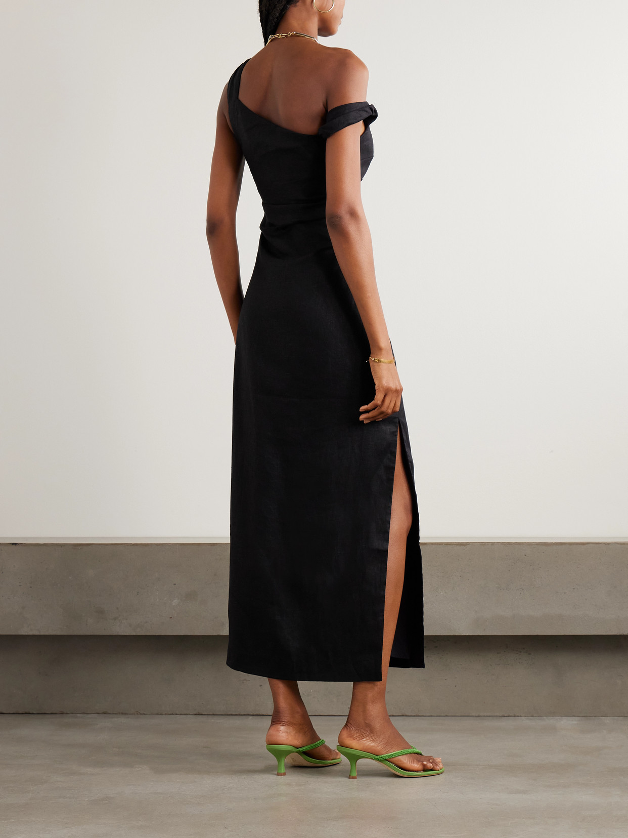 Sir Twisted Ruched Linen Midi Dress In Black