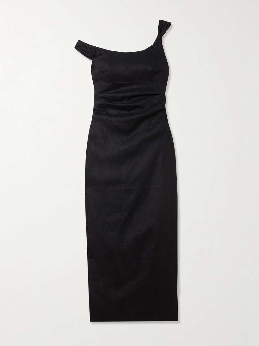 SIR. Twisted Ruched Linen Midi Dress