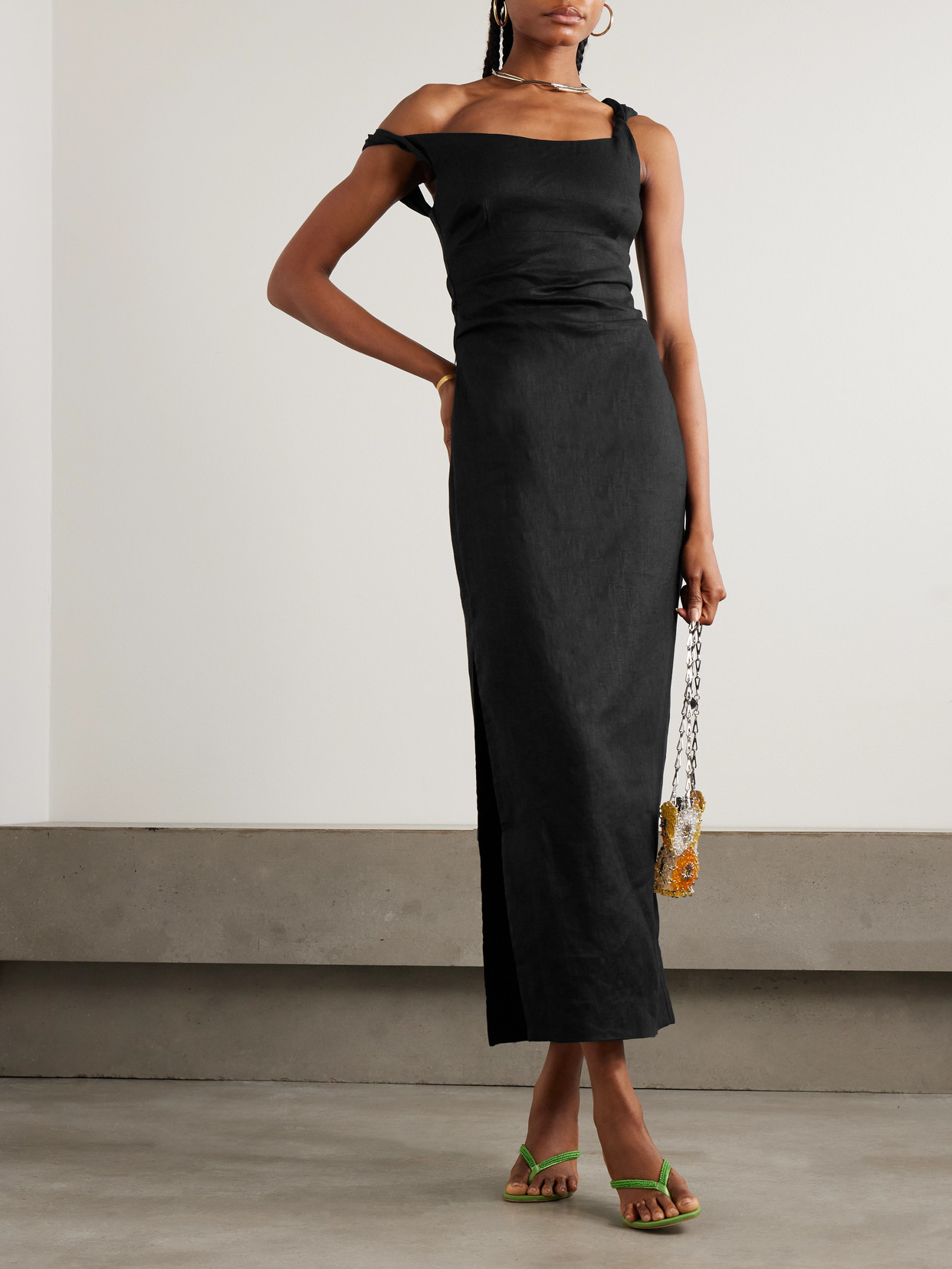 Sir Twisted Ruched Linen Midi Dress In Black
