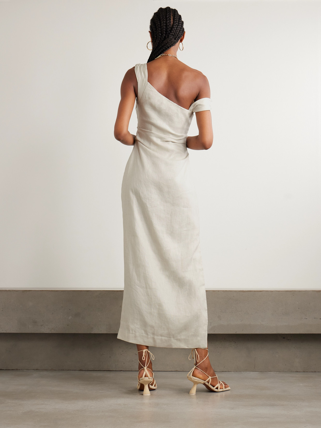 Sir Twisted Gathered Linen Midi Dress In Sand