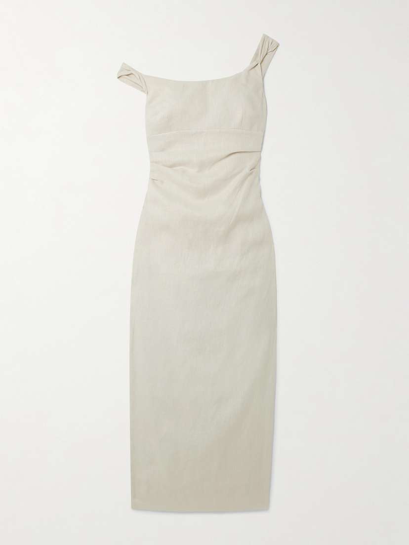 SIR. Twisted Gathered Linen Midi Dress