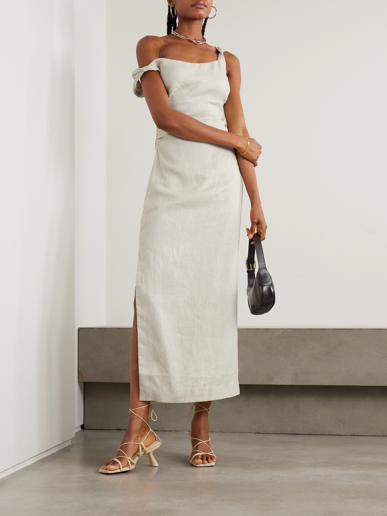 Sir Twisted Gathered Linen Midi Dress In Sand