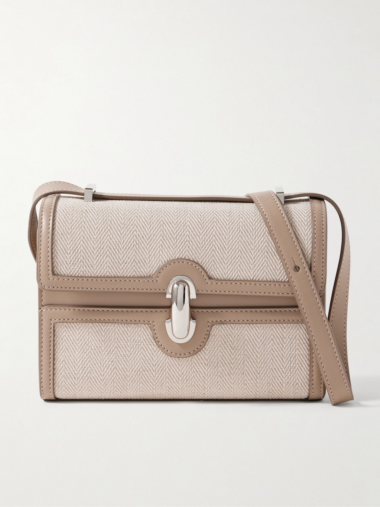 Savette Symmetry 19 Leather-trimmed Herringbone Linen Shoulder Bag In Neutral