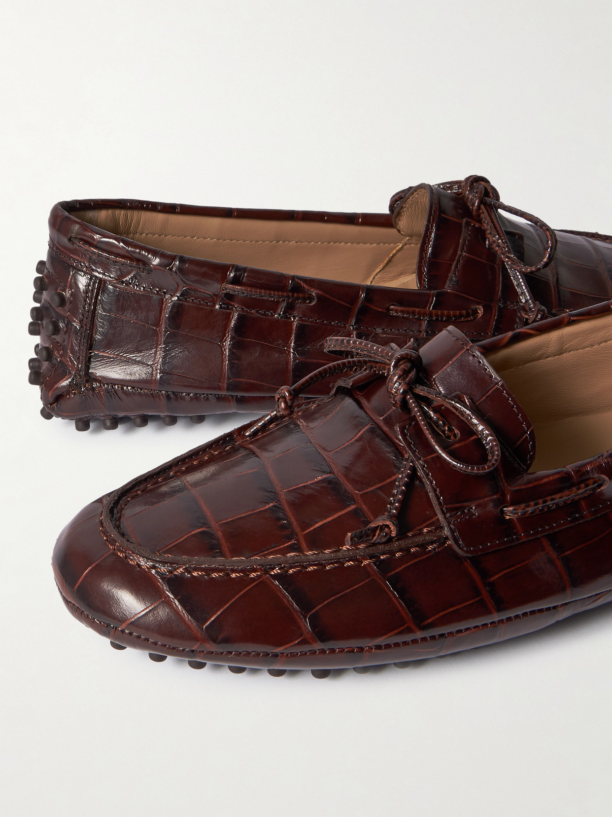 Le Monde Beryl Driver Tie-detailed Croc-effect Leather Loafers In Animal Print