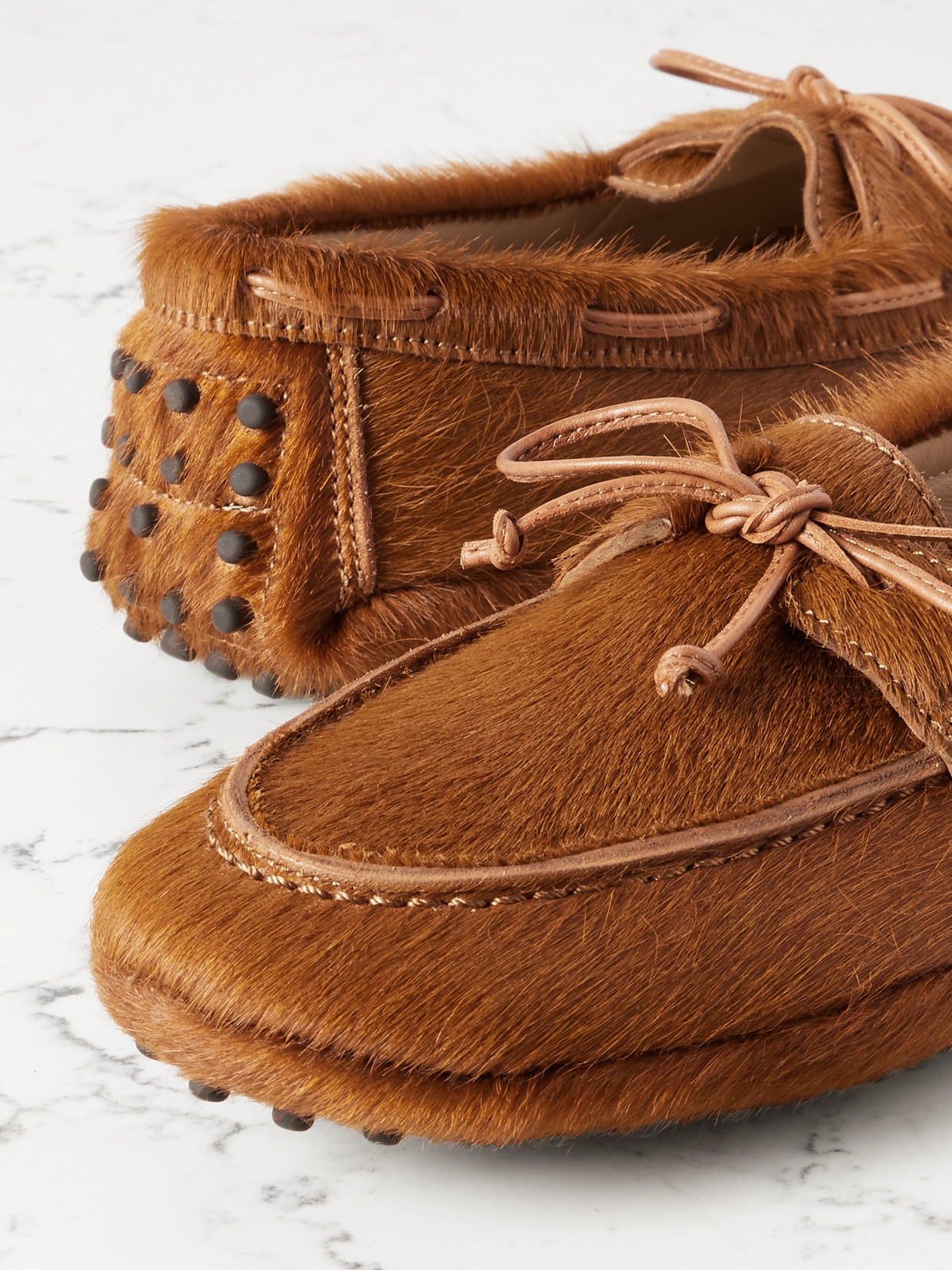 Le Monde Beryl Driver Leather-trimmed Calf Hair Loafers In Brown
