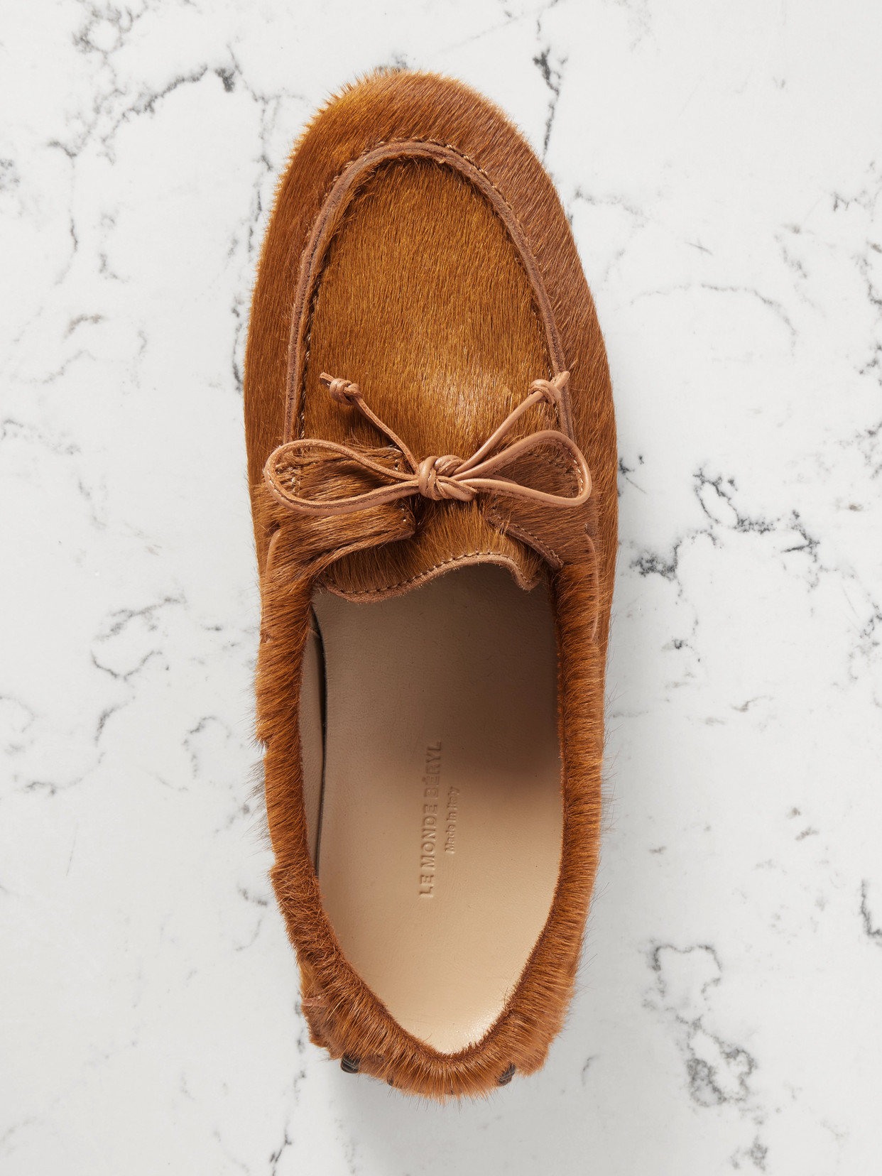 Le Monde Beryl Driver Leather-trimmed Calf Hair Loafers In Brown