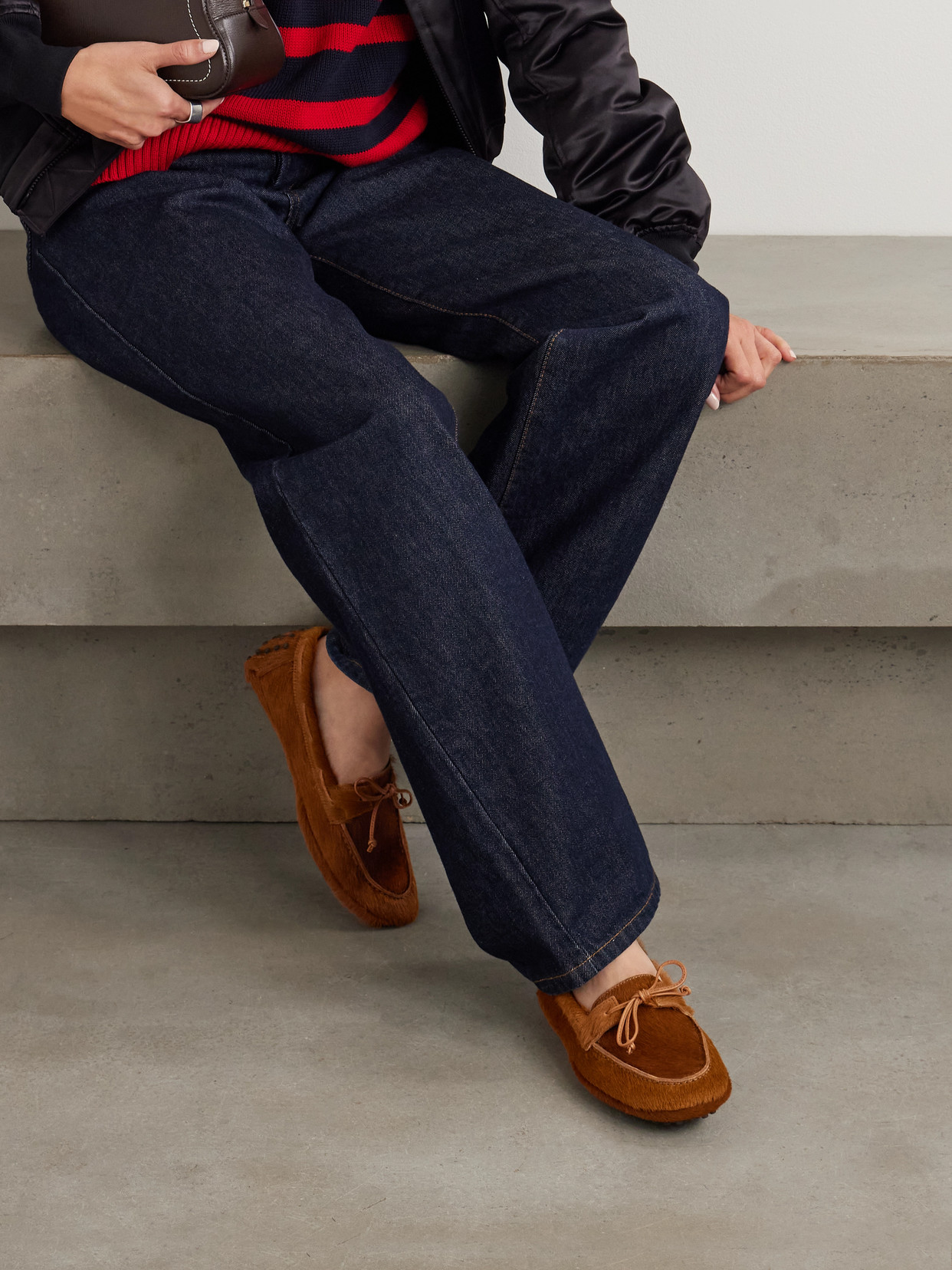 Le Monde Beryl Driver Leather-trimmed Calf Hair Loafers In Brown