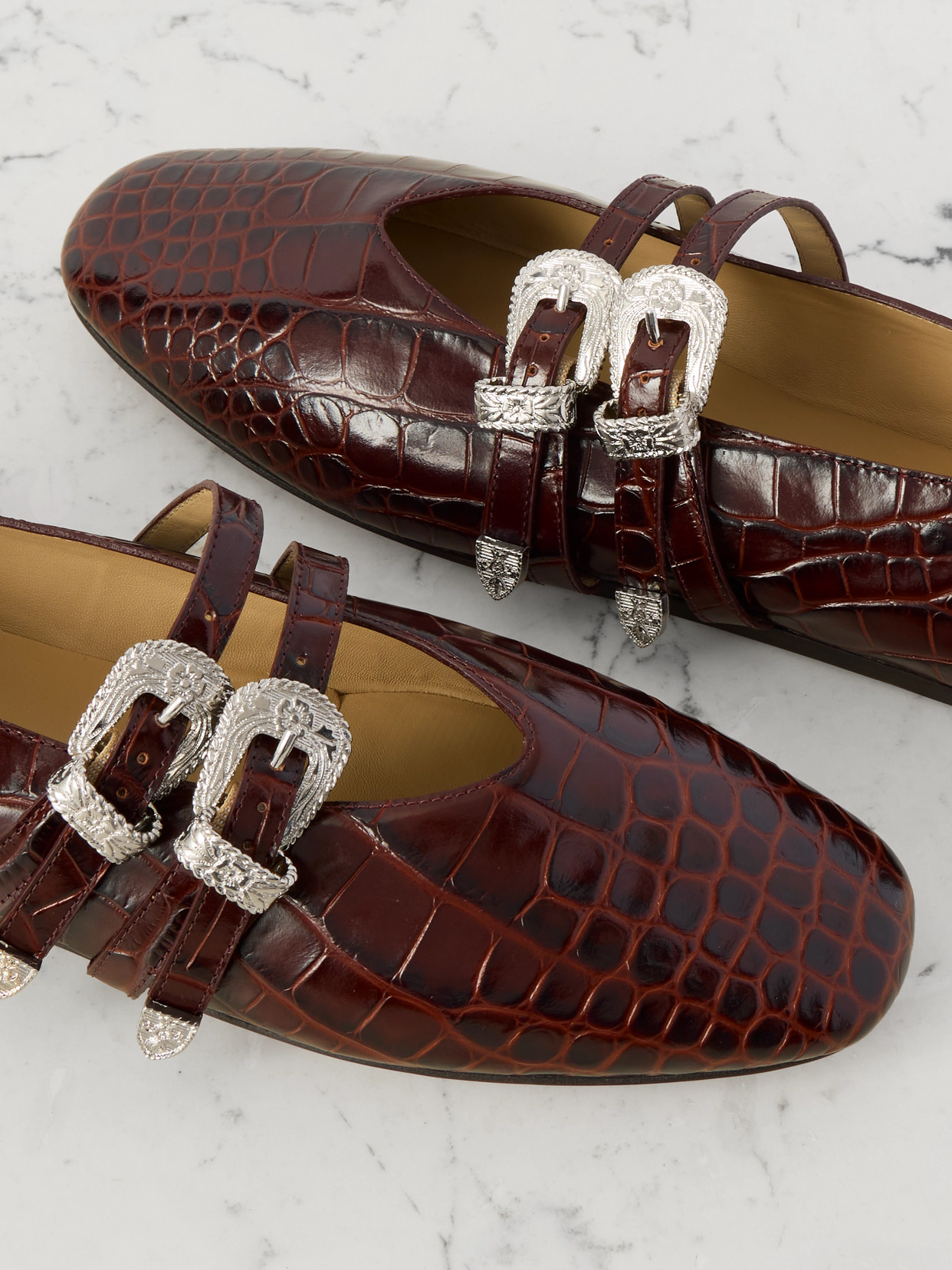 Le Monde Beryl Claudia Croc-effect Patent Leather Mary-jane Ballet Flats In Brown