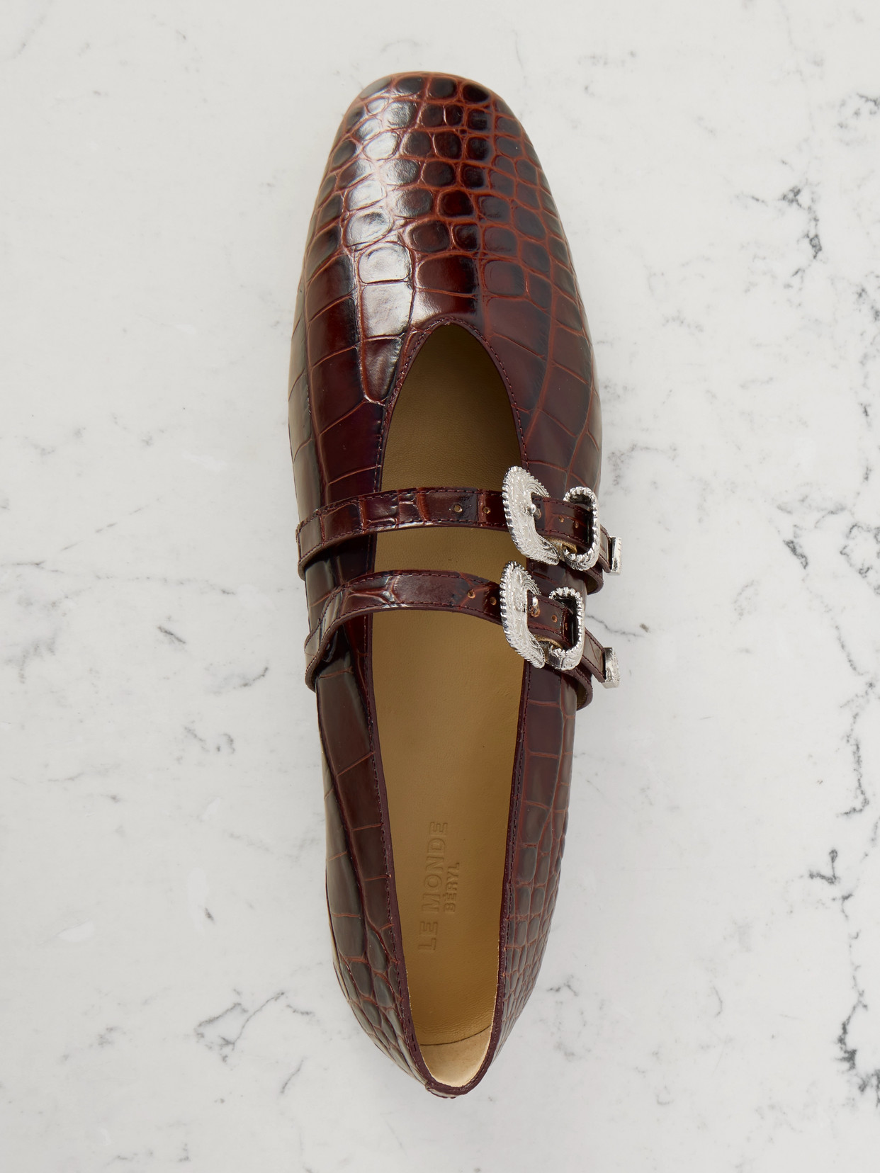Le Monde Beryl Claudia Croc-effect Patent Leather Mary-jane Ballet Flats In Brown