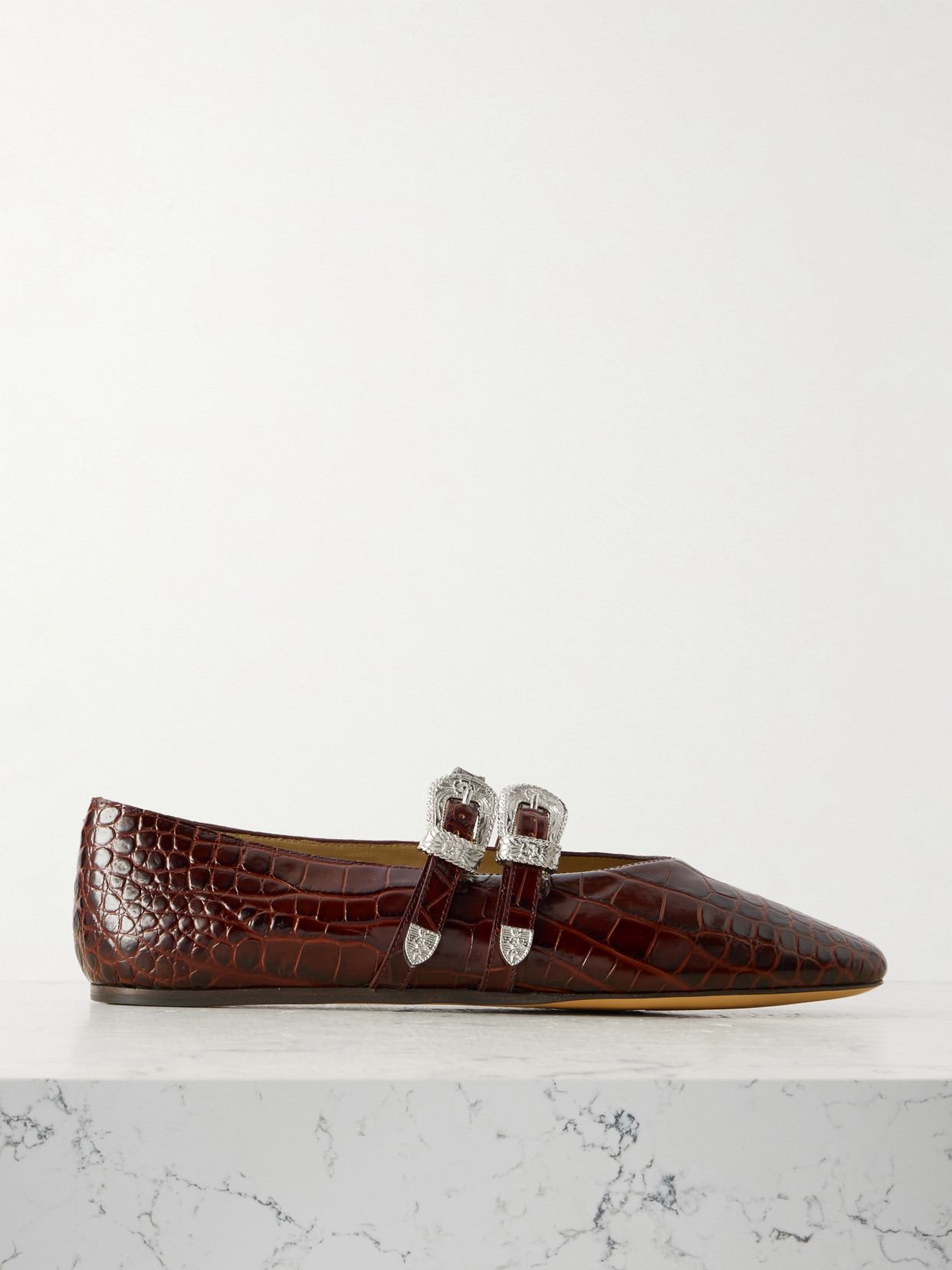 Le Monde Beryl Claudia Croc-effect Patent Leather Mary-jane Ballet Flats In Brown