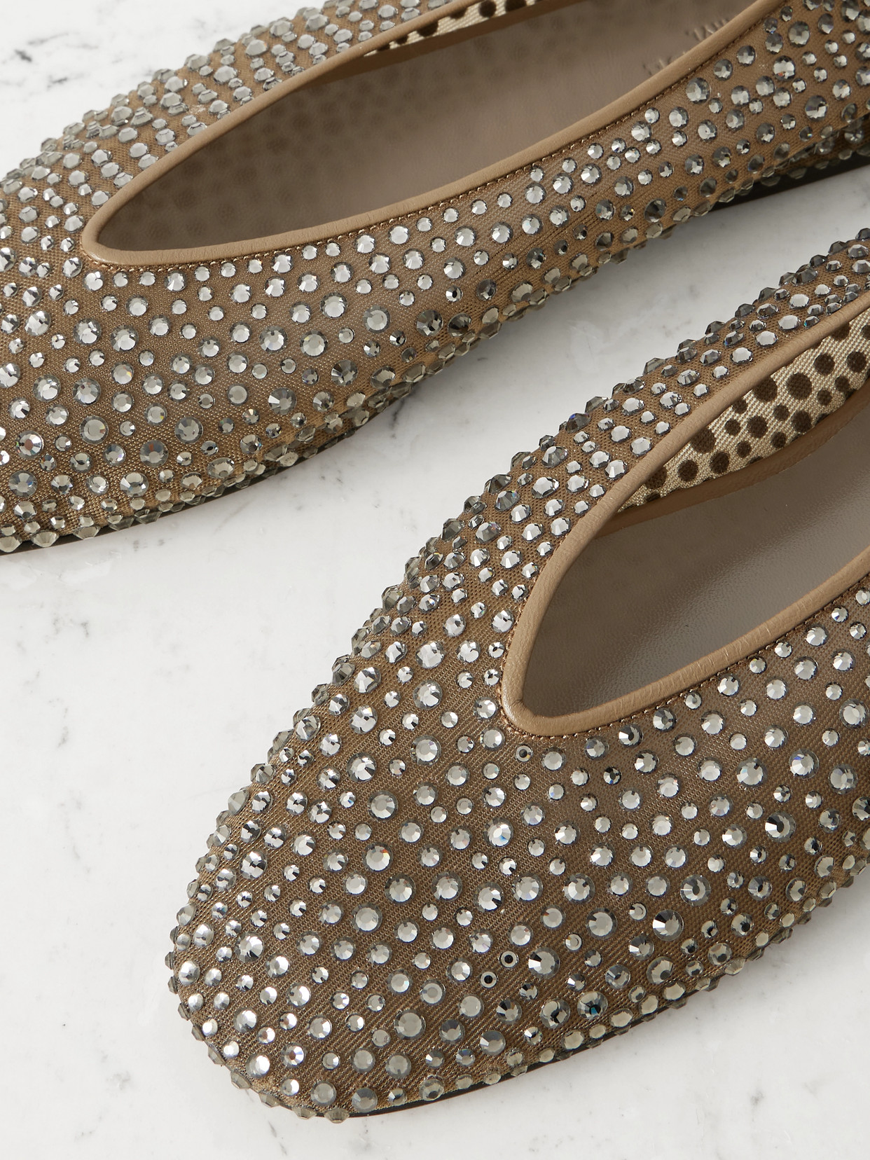Le Monde Beryl Luna Leather-trimmed Crystal-embellished Mesh Flats In Neutral