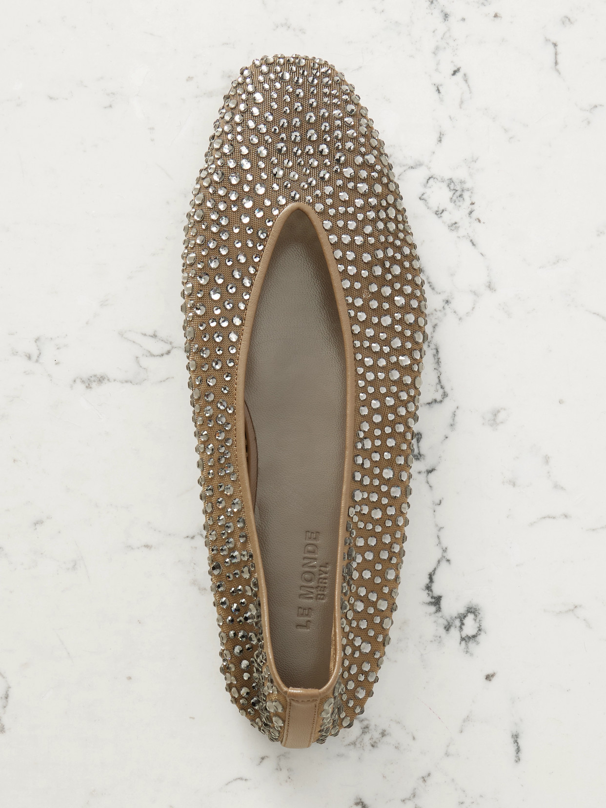 Le Monde Beryl Luna Leather-trimmed Crystal-embellished Mesh Flats In Neutral