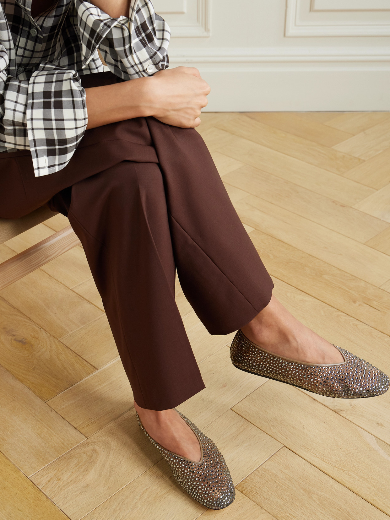 Le Monde Beryl Luna Leather-trimmed Crystal-embellished Mesh Flats In Neutral
