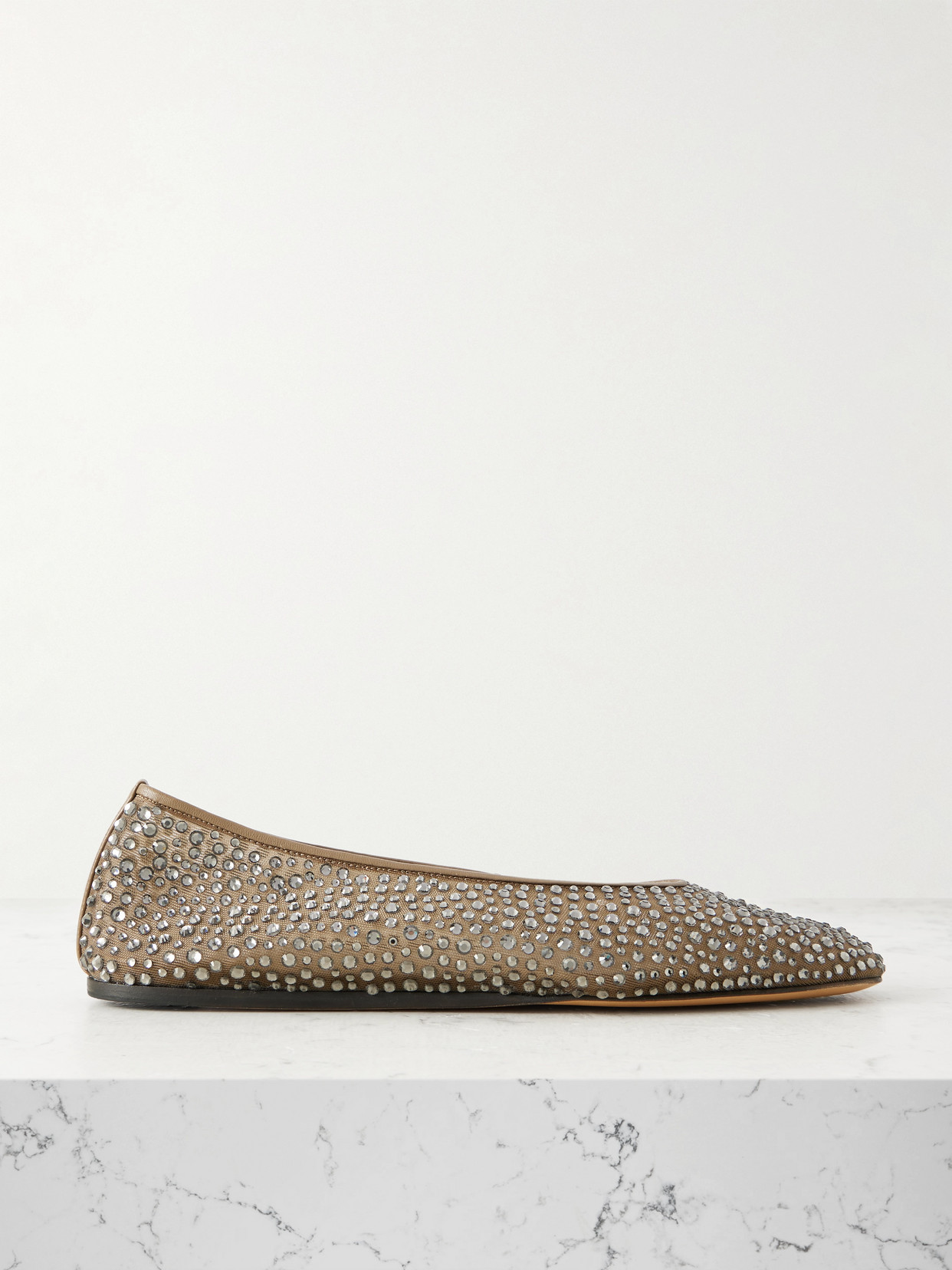 Le Monde Beryl Luna Leather-trimmed Crystal-embellished Mesh Flats In Neutral