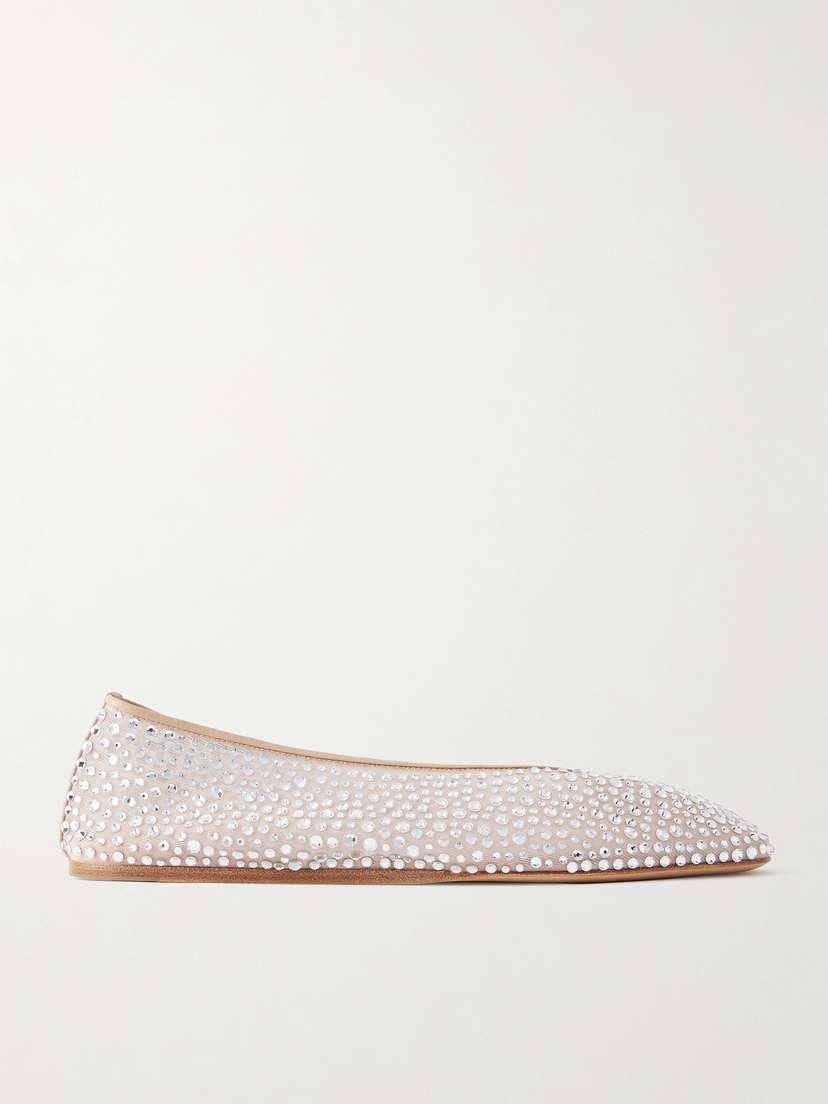 Le Monde Béryl Luna Crystal-embellished Leather-trimmed Mesh Flats