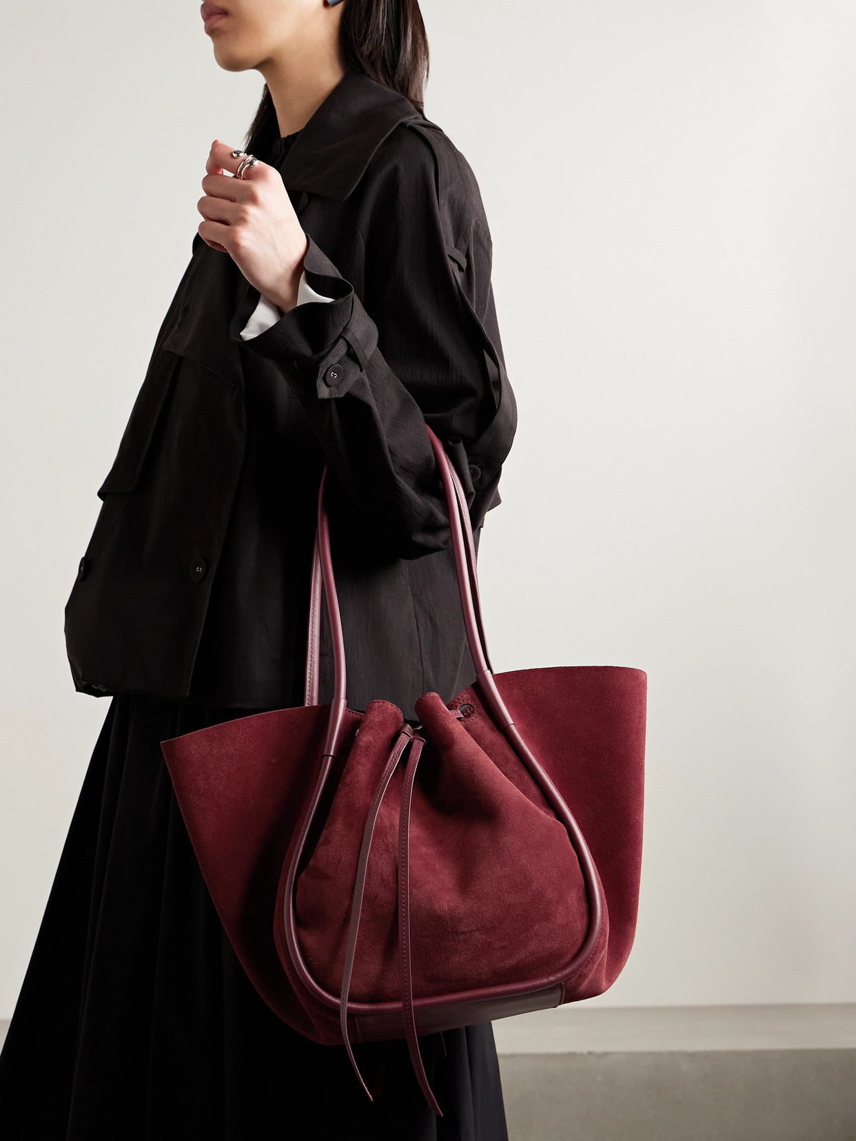 Proenza Schouler Large Leather-trimmed Ruched Suede Tote In Burgundy