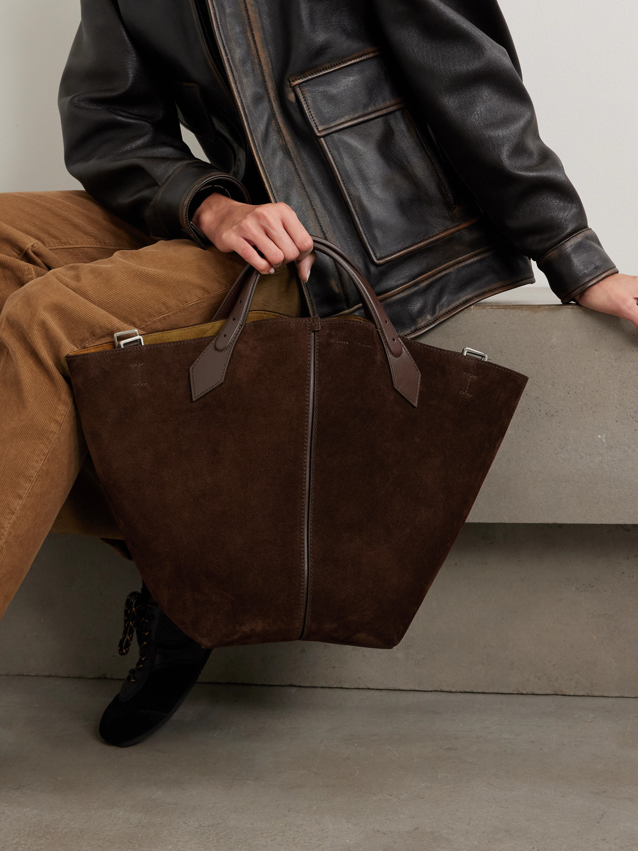 Large Chelsea Leather-Trimmed Paneled Suede Tote