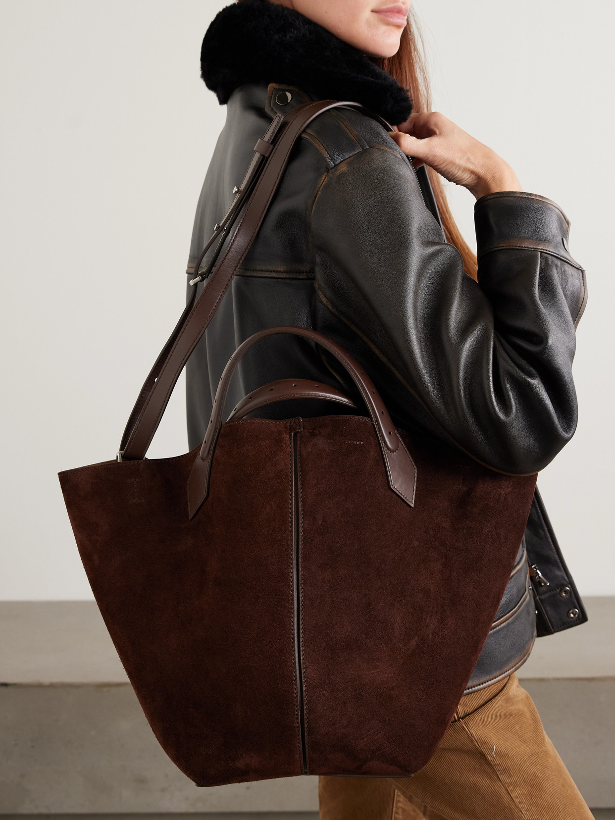 Large Chelsea Leather-Trimmed Paneled Suede Tote