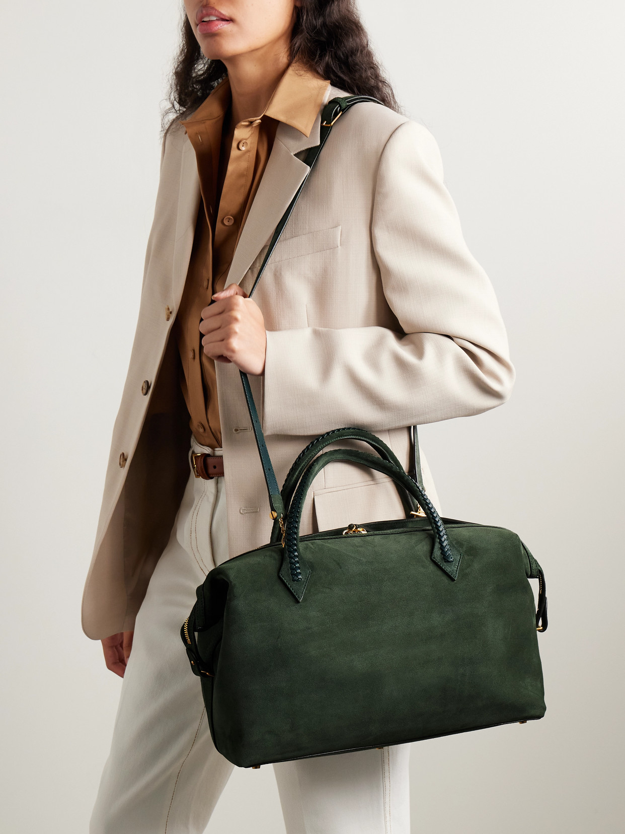 Metier Vérité City Medium Braided Leather-trimmed Suede Tote In Green