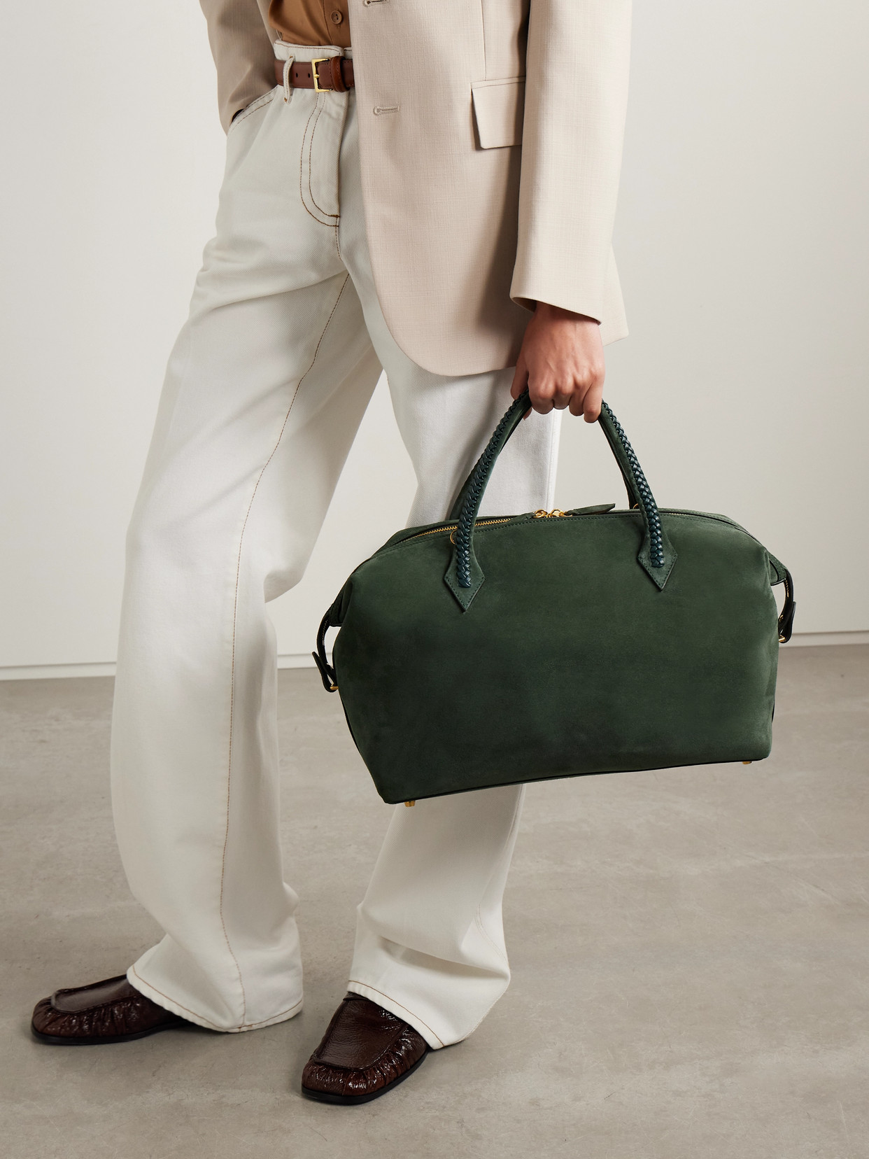 Metier Vérité City Medium Braided Leather-trimmed Suede Tote In Green