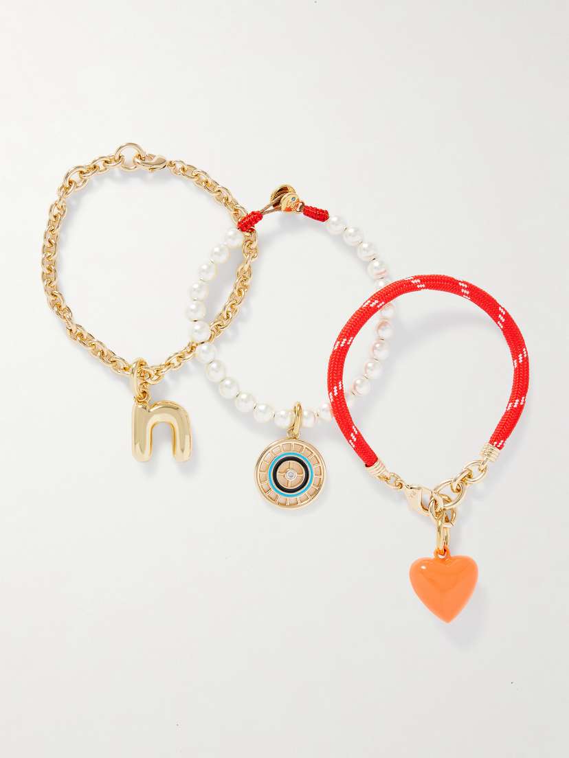 Roxanne Assoulin he Happy Heart rio Set Of hree Gold-tone, Cord, Faux Pearl, Crystal And Enamel Bracelets