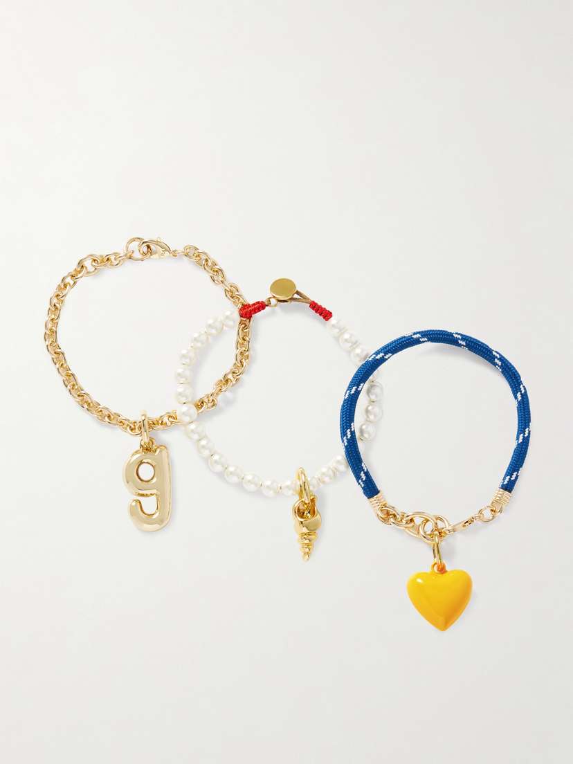 Roxanne Assoulin The Happy Heart Trio Set Of Three Gold-tone, Cord, Faux Pearl nd Enamel Bracelets