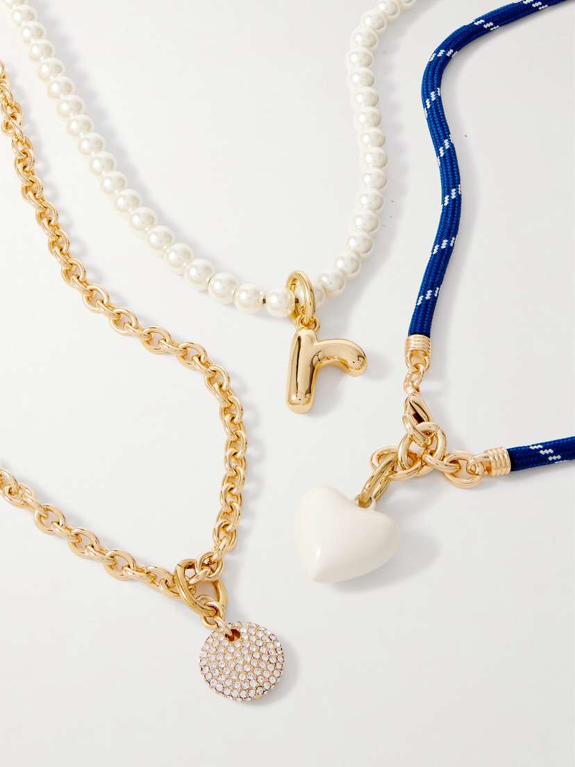 Roxanne Assoulin Happy Heart Set Of Three Gold-tone, Cord, Faux Pearl, Crystal And Enamel Necklaces