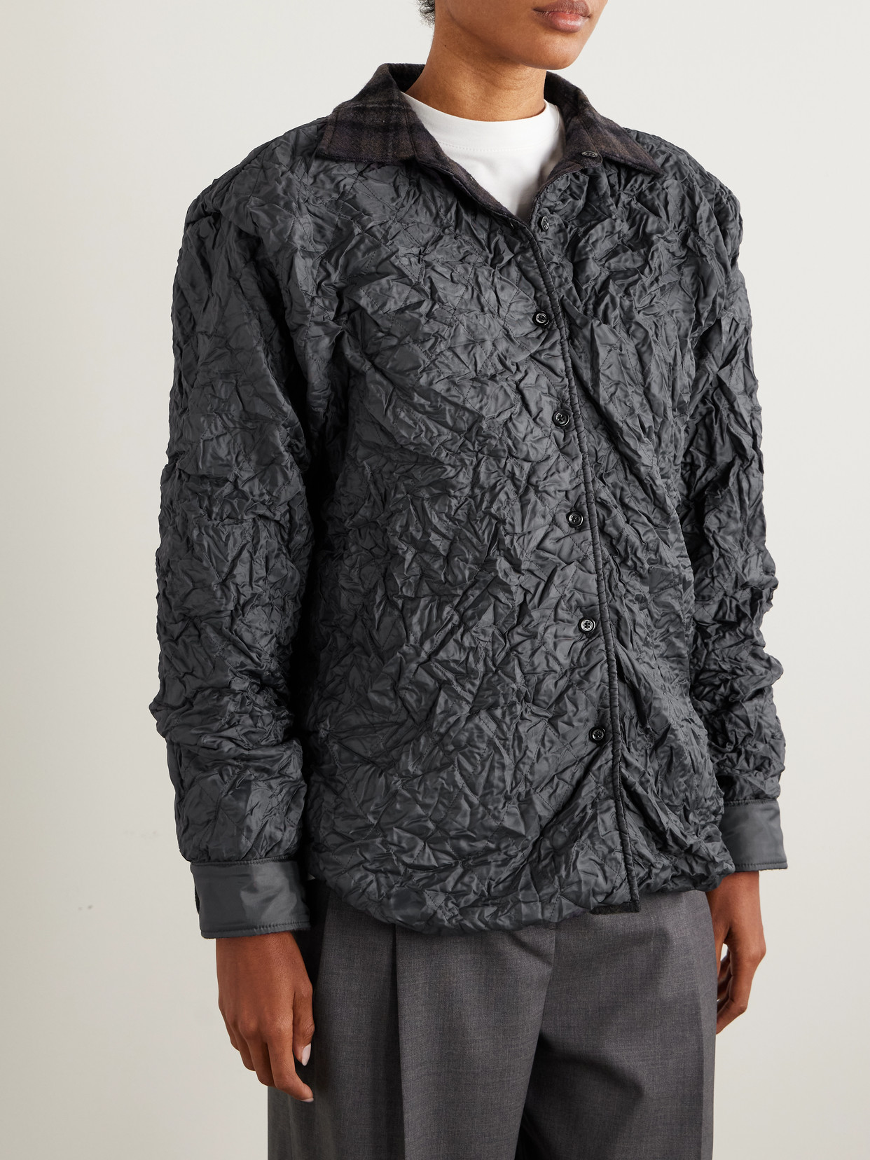 Padded Wool-Trimmed Quilted Crinkled Jacket