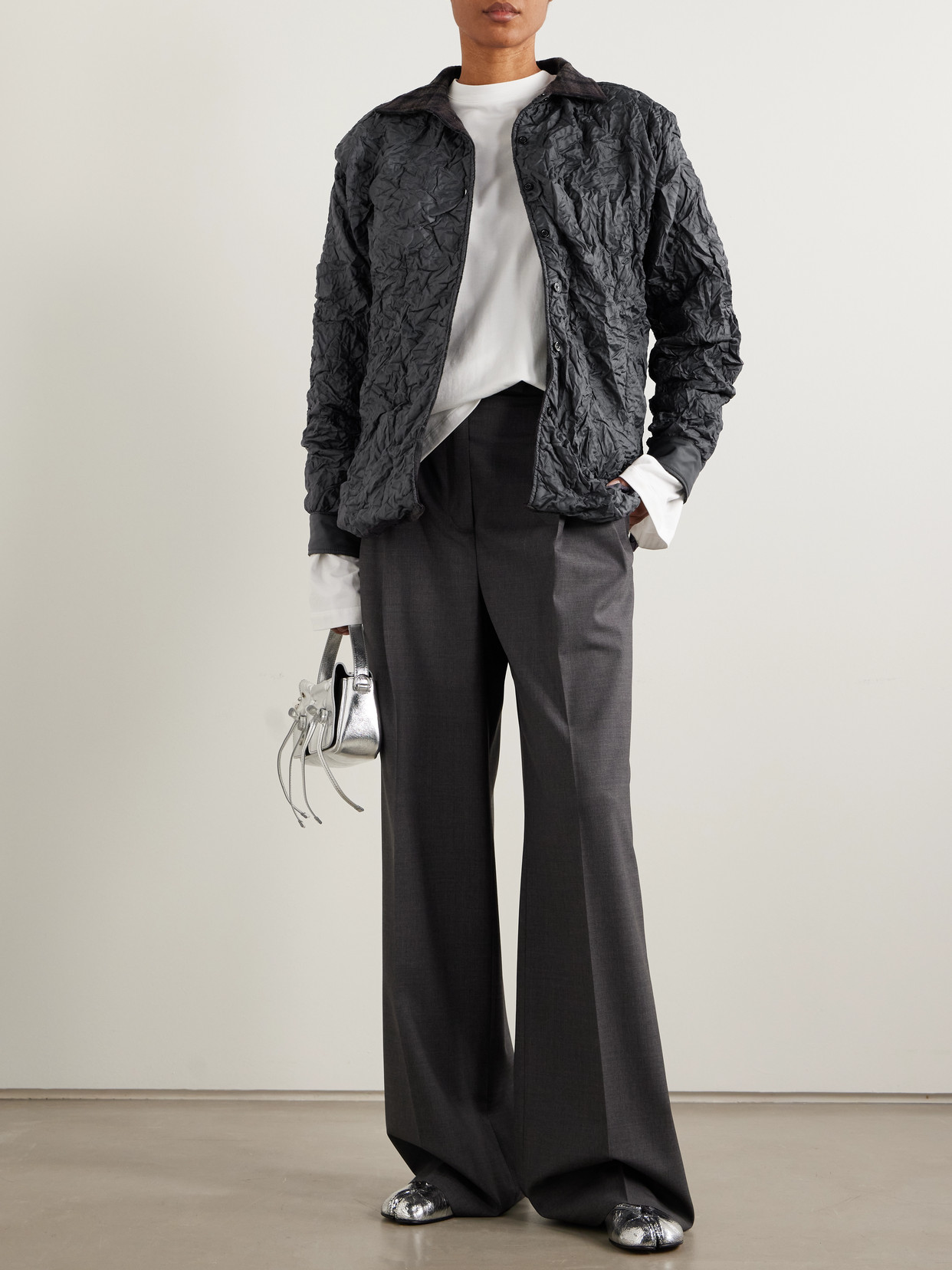 Padded Wool-Trimmed Quilted Crinkled Jacket