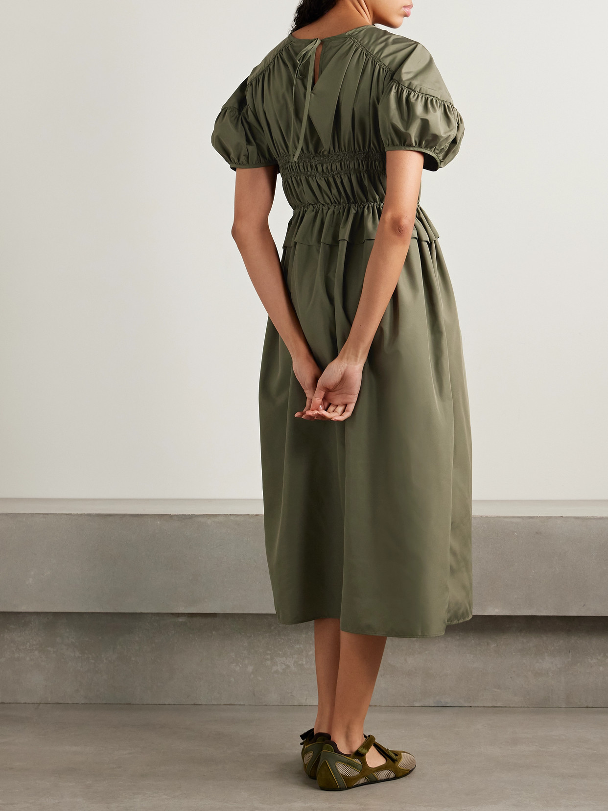 Cecilie Bahnsen Betsy Shirred Recycled-shell Midi Dress In Brown