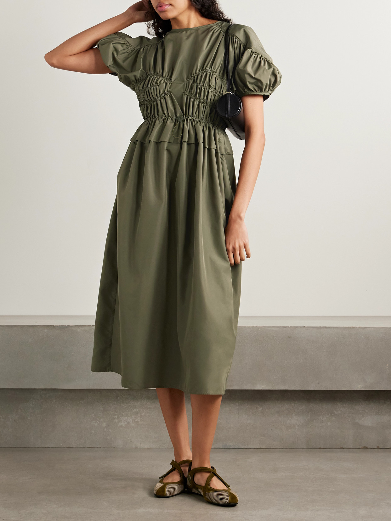 Cecilie Bahnsen Betsy Shirred Recycled-shell Midi Dress In Brown