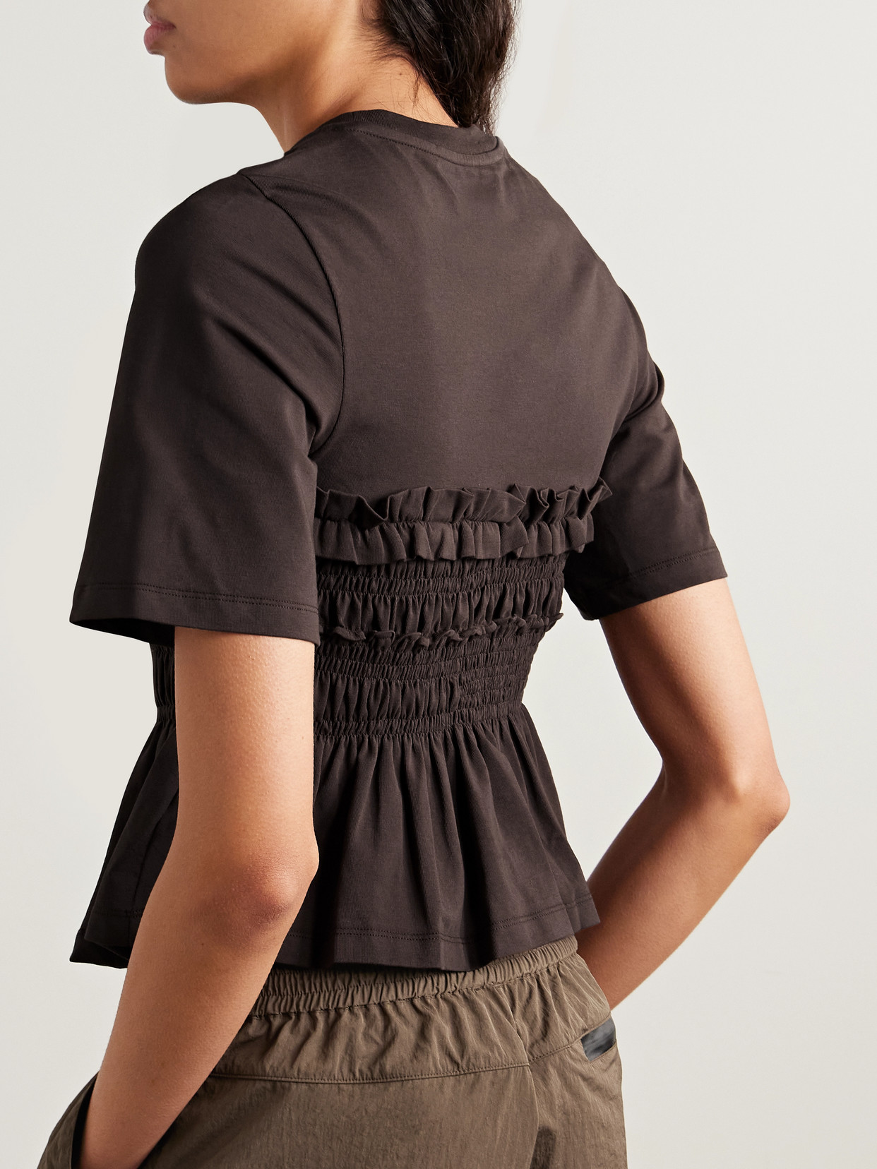 Cecilie Bahnsen Vilde Ruffled Shirred Cotton-jersey T-shirt In Brown