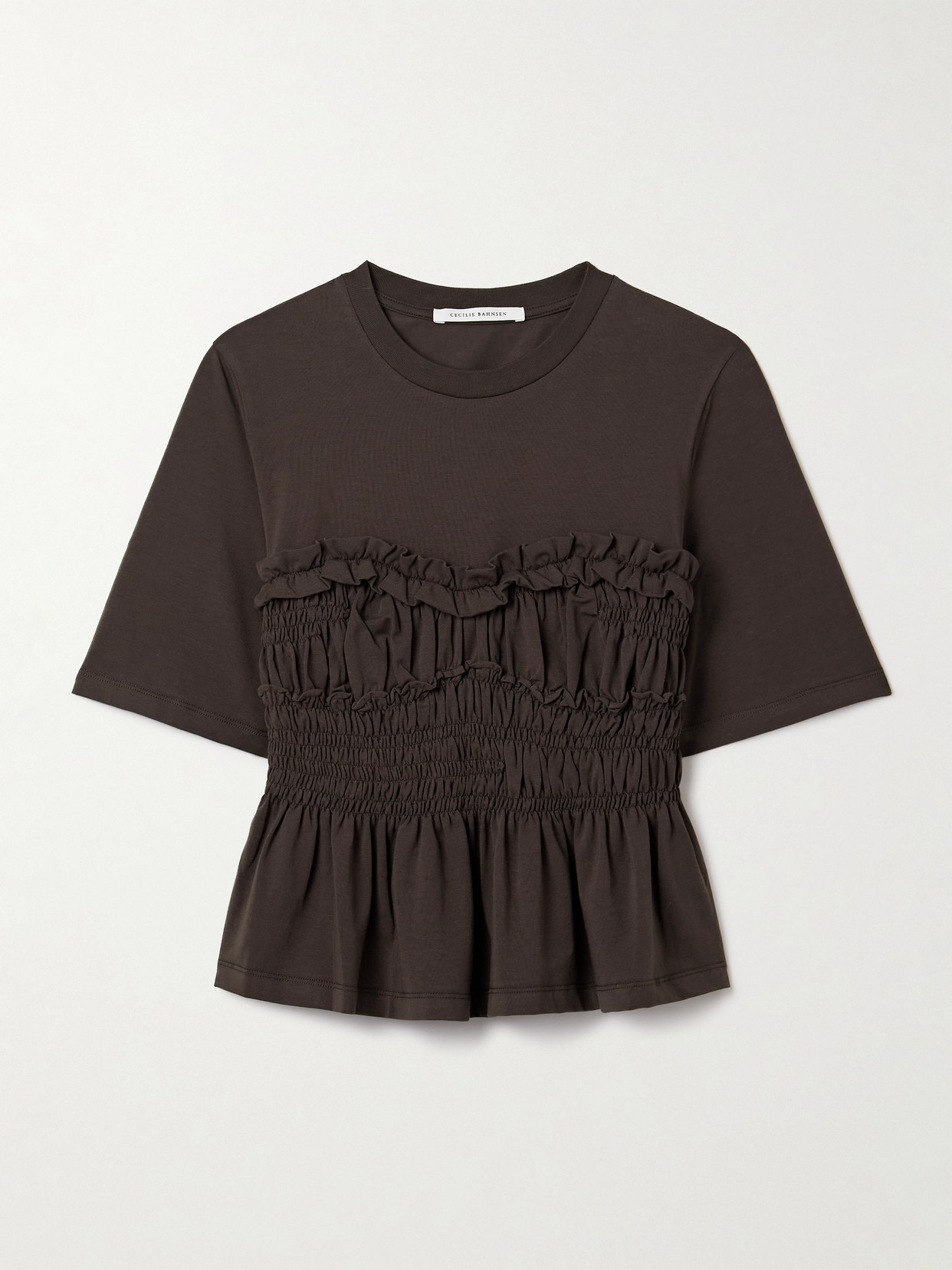 Cecilie Bahnsen Vilde Ruffled Shirred Cotton-jersey T-shirt In Brown