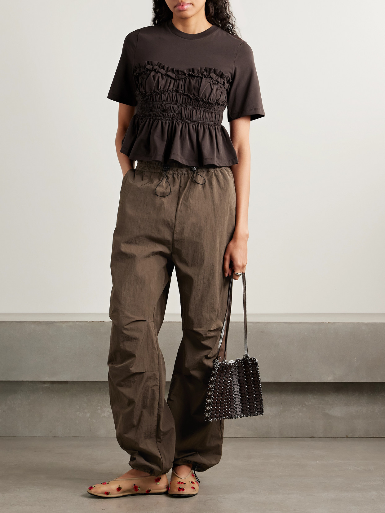 Cecilie Bahnsen Vilde Ruffled Shirred Cotton-jersey T-shirt In Brown