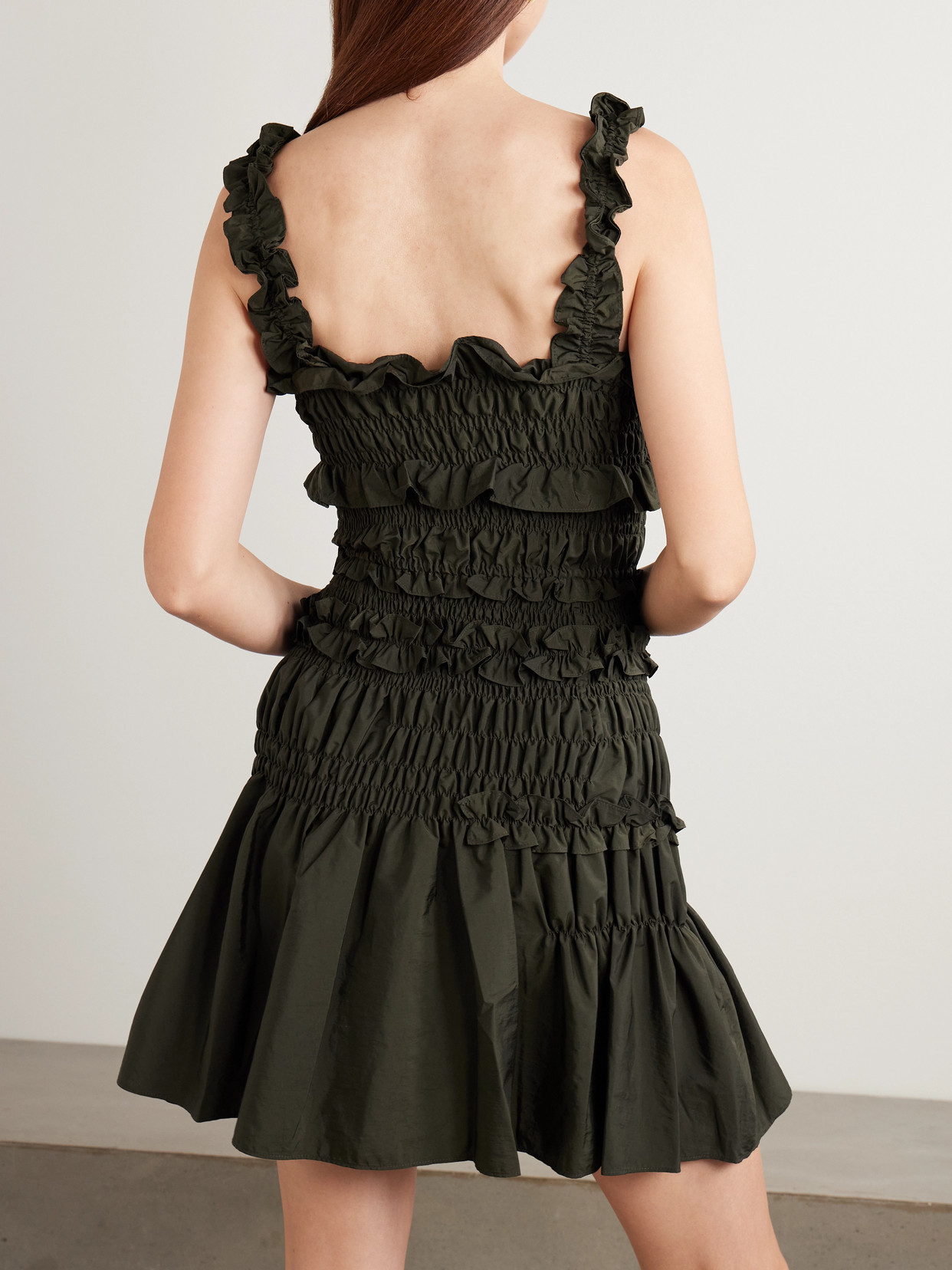 Cecilie Bahnsen Oona Shirred Ruffled Taffeta Mini Dress In Green