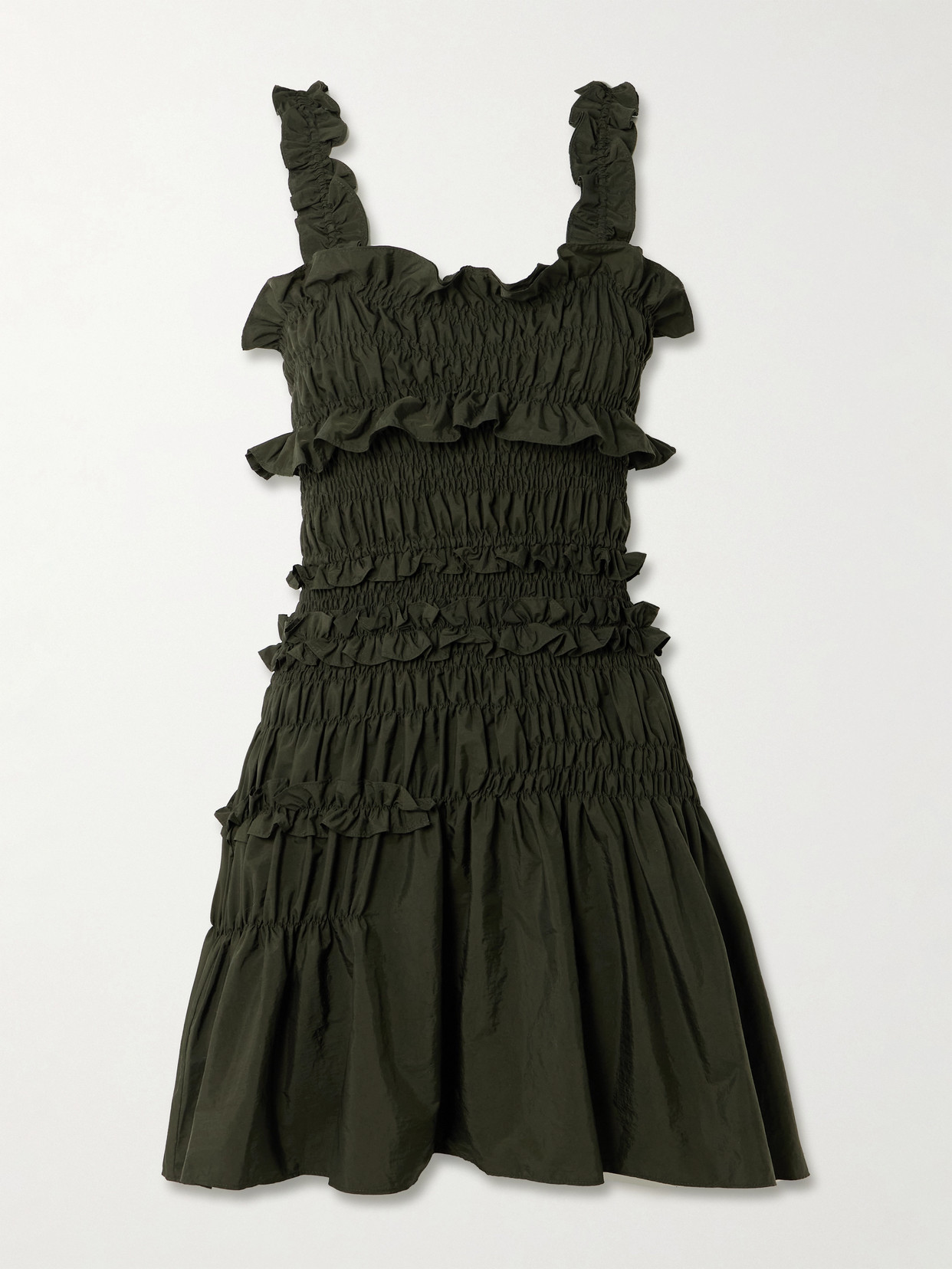 Cecilie Bahnsen Oona Shirred Ruffled Taffeta Mini Dress In Green