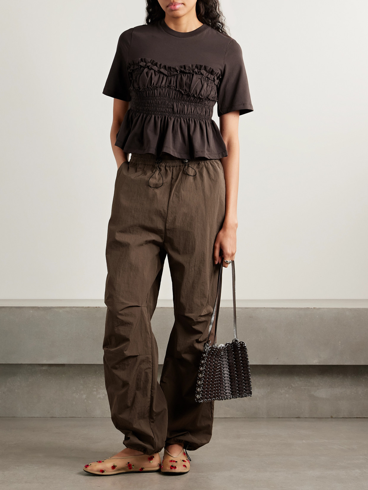 Cecilie Bahnsen Brooks Paneled Recycled-shell Track Pants In Brown