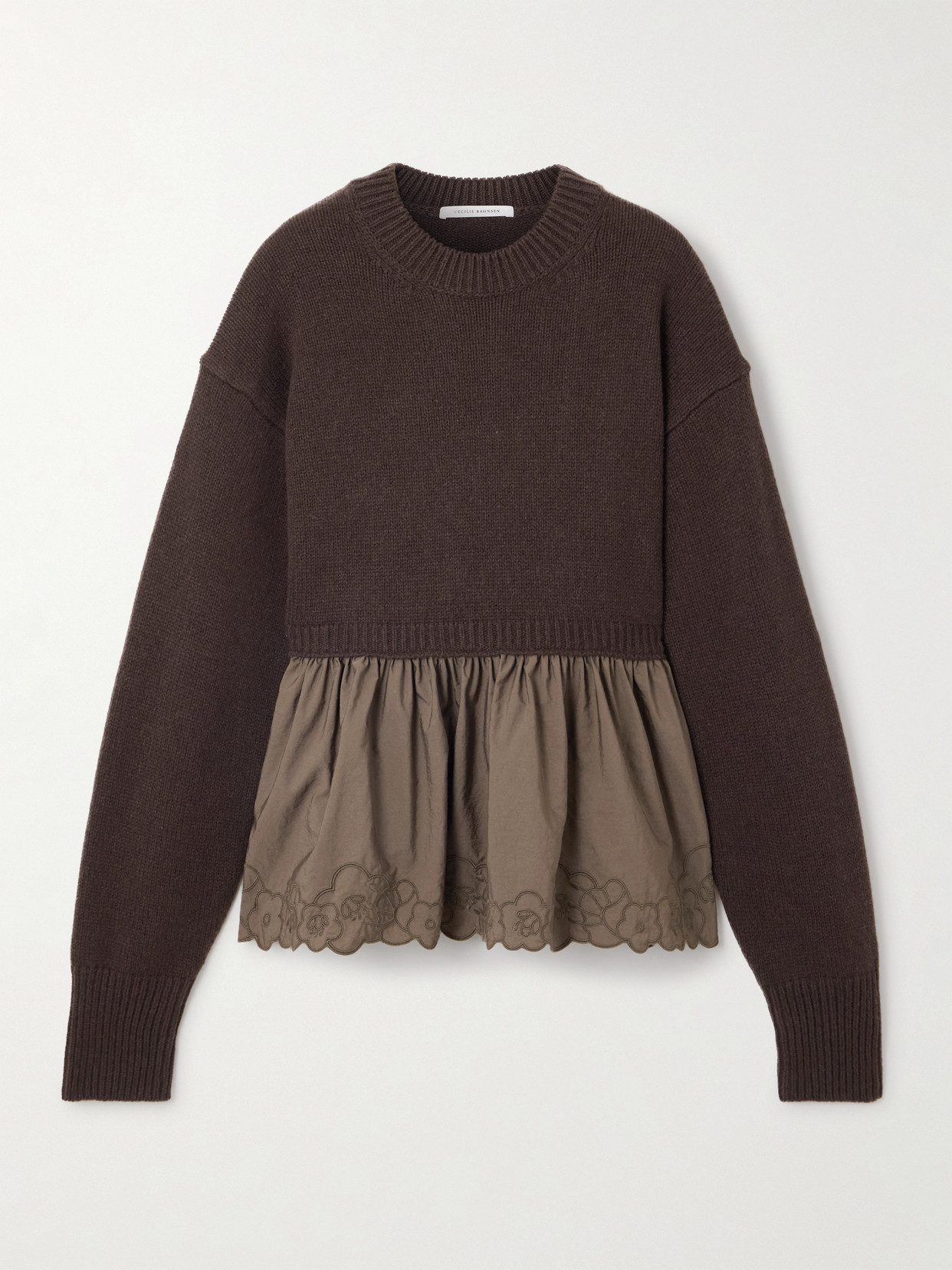 Cecilie Bahnsen Embroidered Cashmere And Wool-blend And Shell Peplum Sweater In Burgundy